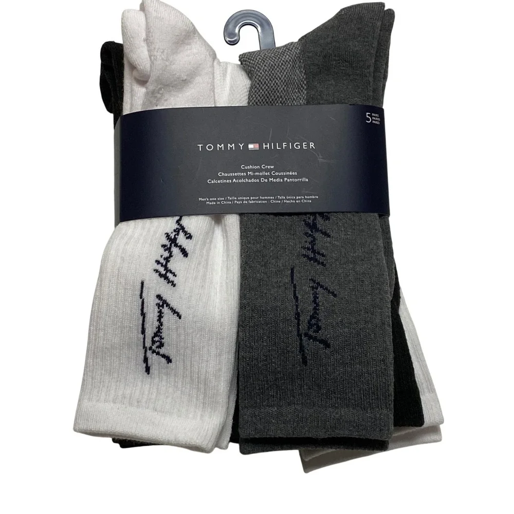 Tommy Hilfiger Mens‎ 5 Pack Cushion Crew Socks White Black Grey TVM253CR02002